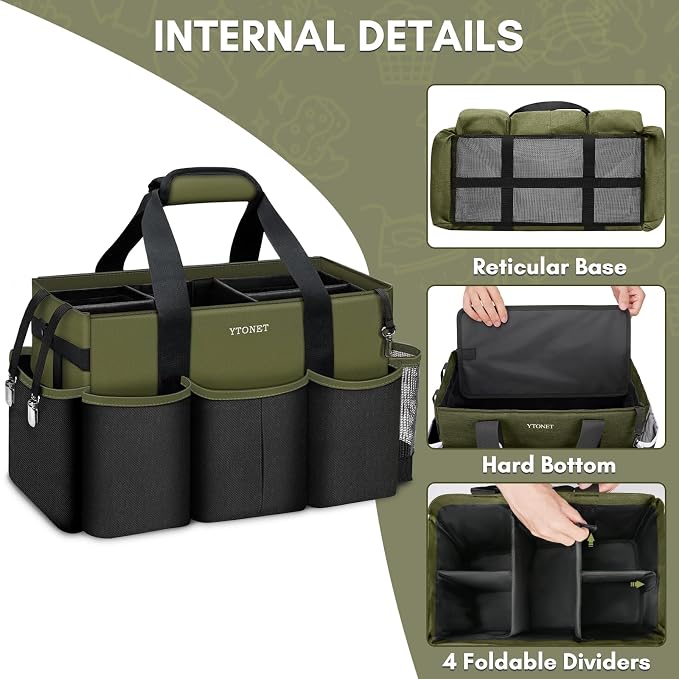 Ytonet Wearable Cleaning Caddy Organizer with Handle & Shoulder Straps, Large Cleaning Bag for Housekeepers, Kitchen Supplies Organizer with Dividers, Under Sink & Car Detailing Bag, Green