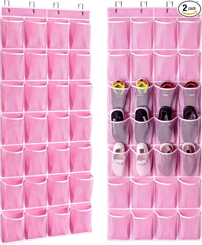 KEEPJOY 28 Pocket Over The Door Shoe Organizer, 2Pack Hanging Shoe Organizer for Door, Hanging Door Shoe Holder Rack with Mesh Pockets Large Size 65 x 23 inch (Pink-2Pack)