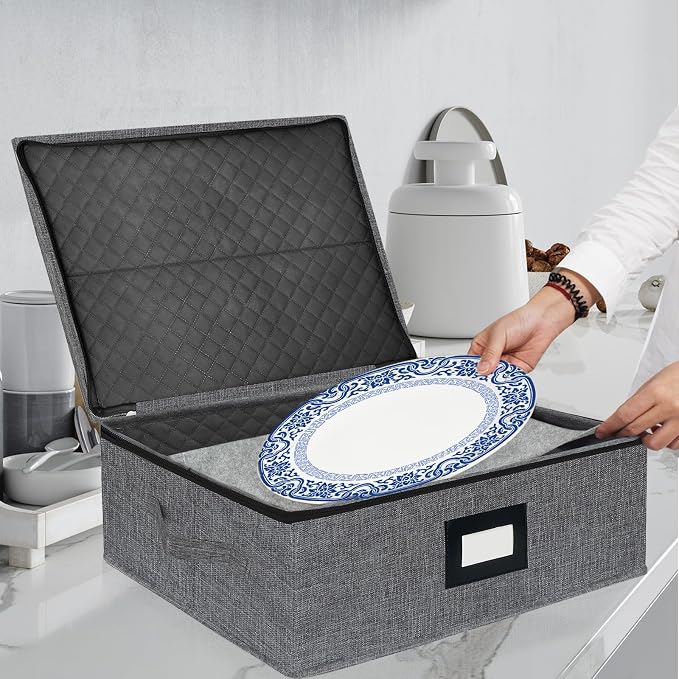 homyfort Platter Storage Case - Stackable China Storage Containers Hard Shell with Durable Zipper & Label & Sturdy Handles, 5.3” Height, Structured Top, 4 Felt Dividers Included (Dark Gray)