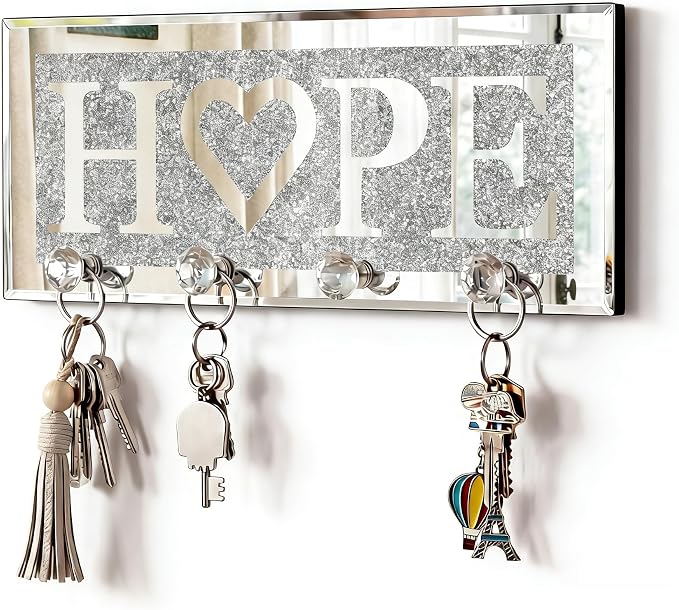 SHYFOY Crystal Clear Hooks Key Holder Key Hanger, Sparkly Mirrored Home Letters Plaque Sign for Decor, Silver Mirror Decoration Wall Art for Entryway Hallway Living Room, Hope Letter