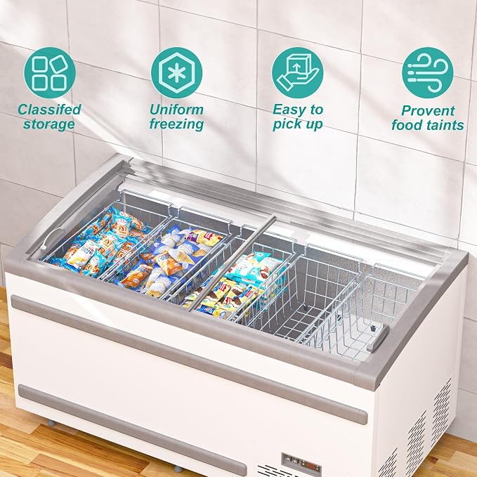 SANNO Chest Freezer Baskets, Stainless Steel Storage Organizer Bins with Sturdy Handles for Chest and Deep Freezers,Adjustable Arms width 17.5"~20.4", 2 pack