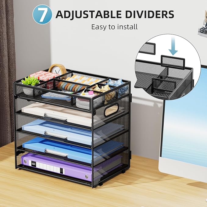 Marbrasse 5 Tier Paper Organizer Letter Tray, Mesh Desk File Organizer with Handle, Paper Sorter Desk Organizer for Home Office Supplies - Black, Adjustable