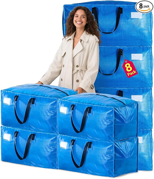 Moving Bags Heavy Duty,Extra Large Moving Bags for Travel/College Packing/Storage/Organization/Seasonal Clothes & Bedding Storage,Moving Supplies Bins,Compatible with Ikea Frakta Cart (Blue,8 Pack)