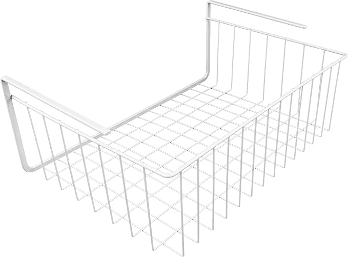 15-Inch Easy Install White Wire Under-Cabinet Hanging Basket Shelf Organizer – Storage Rack for Kitchen, Pantry, and Bathroom