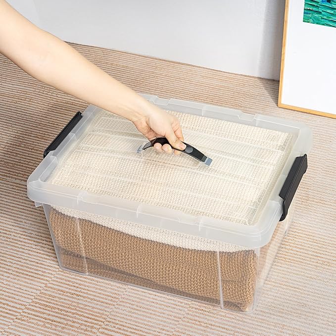 Cetomo Lidded Storage Bin with Handle, Tote Organizing Container with Durable Lid and Secure Latching Buckles, Stackable and Nestable, Plastic, 40 Quart-6 Pack, Clear