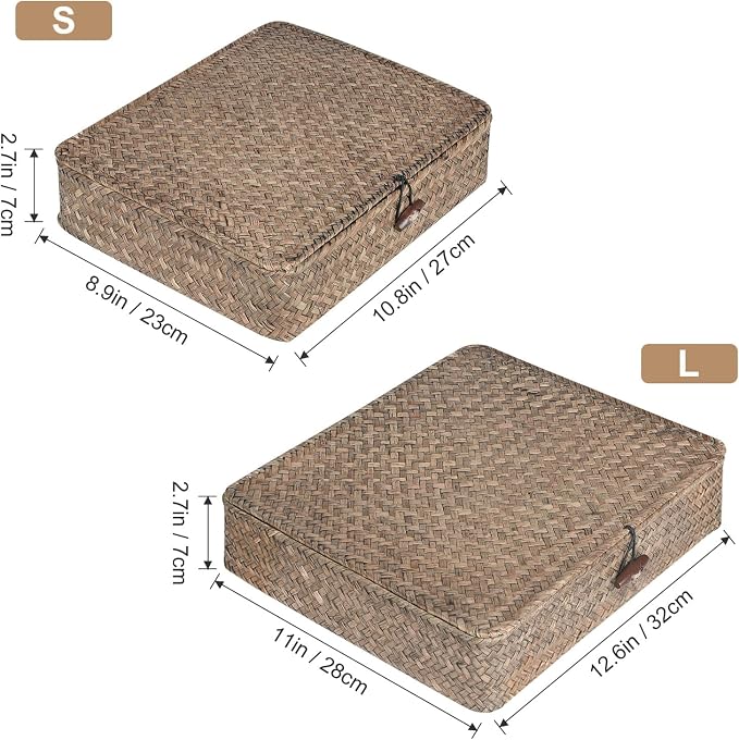 Set of 2 Flat Seagrass Storage Bins with Lid Wicker Storage Baskets for Organizing, Woven Shelf Organizer Bins Home Utility Organizer Box for Home & Office Supplies(Coffee)
