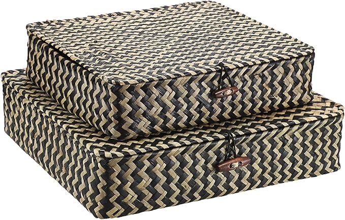 Hipiwe Woven Storage Basket with lid - Flat Wicker Storage Baskets Bins Natural Seagrass Storage Baskets Box for Shelf Home Decor, Set of 2, Blacks Strips