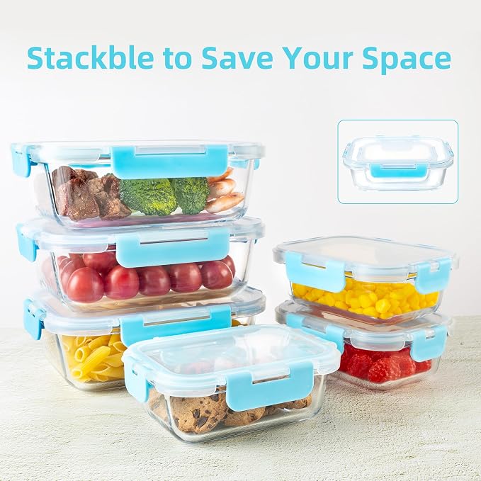 16Pack Glass Meal Prep Containers 8 Bowls with 8 Airtight Blue Lids 2 Sizes | Borosilicate glass food storage set for lunch, leftovers & portion control — microwave/freezer/dishwasher safe, leak-proof