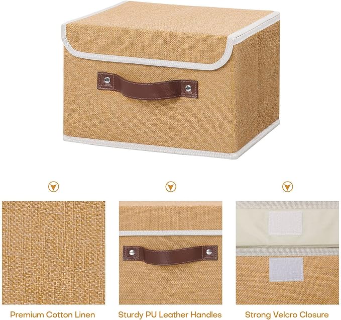 ANMINY 2PCS Storage Bins with Lid PU Leather Handles Storage Boxes PP Plastic Board Decorative Foldable Lidded Cotton Linen Fabric Home Cubes Baskets Closet Organizer Containers - Khaki, Small Size