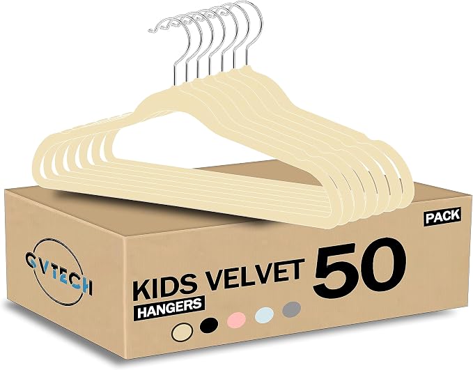 GVTECH Kids Hangers Velvet, [50 Pack] Children Cloth Durable Baby Hangers for Closet - Perfect Infant Toddler Kid Hanger for Everyday Use, Non Slip 360° Hooks for Shirt, Pant, Dress (50 Pack, Ivory)