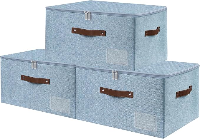 ANMINY 3PCS Storage Bins with Zipper Lid Storage Boxes with Label Holder PU Leather Handles Washable Foldable Decorative Lidded Cotton Linen Fabric Cubes Baskets Closet Organizer - Blue, Large