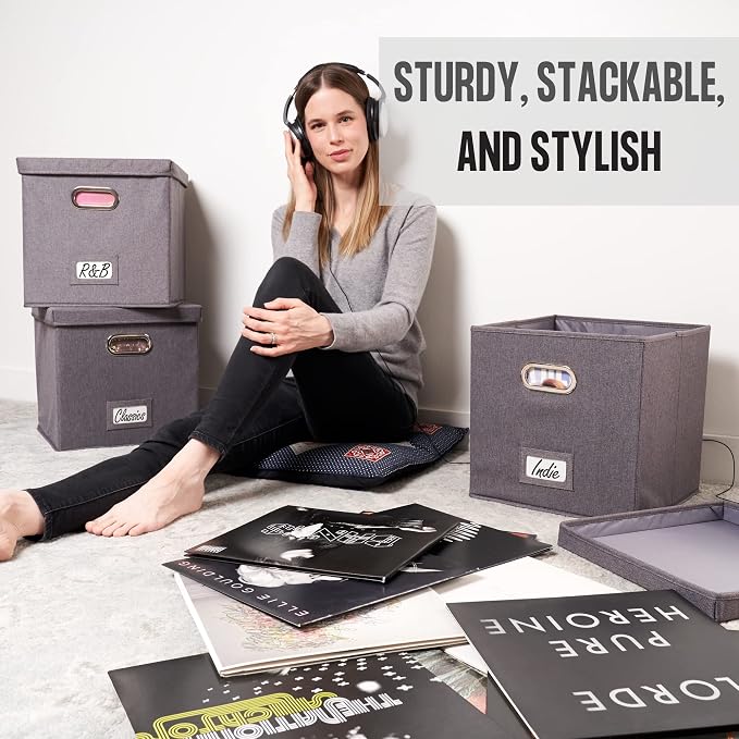 ZICOTO Decorative Vinyl Record Storage Box for 50+ Single Records - Sturdy and Easy to Carry LP Holder with Lid - The Perfect Storage Crate for Your Valuable Album Collection