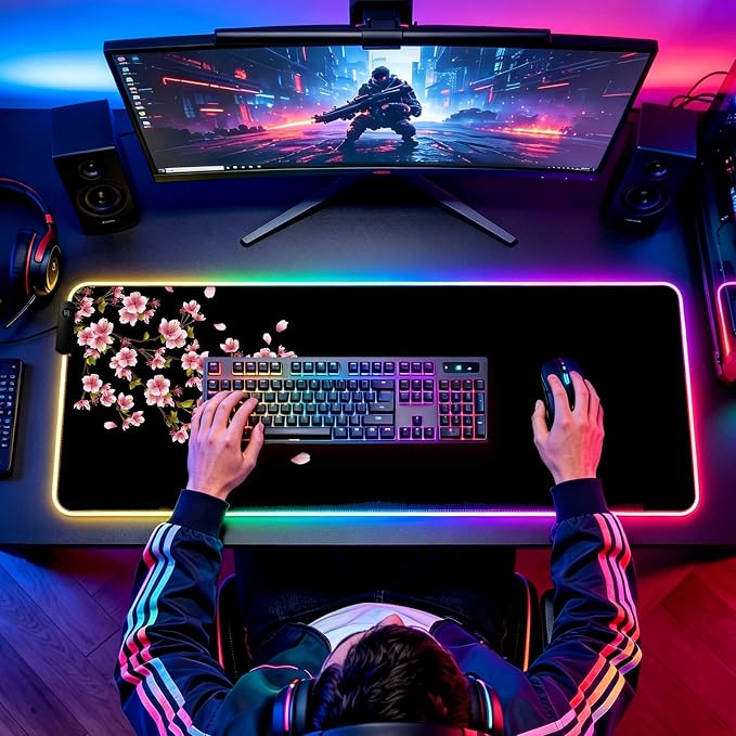 RGB Japanese Cherry Blossom Gaming Desk Mat, Computer Keyboard Large Extended Flowers LED Mouse Pad for Office and Home, 31.5×11.8 Inches, XL, Black