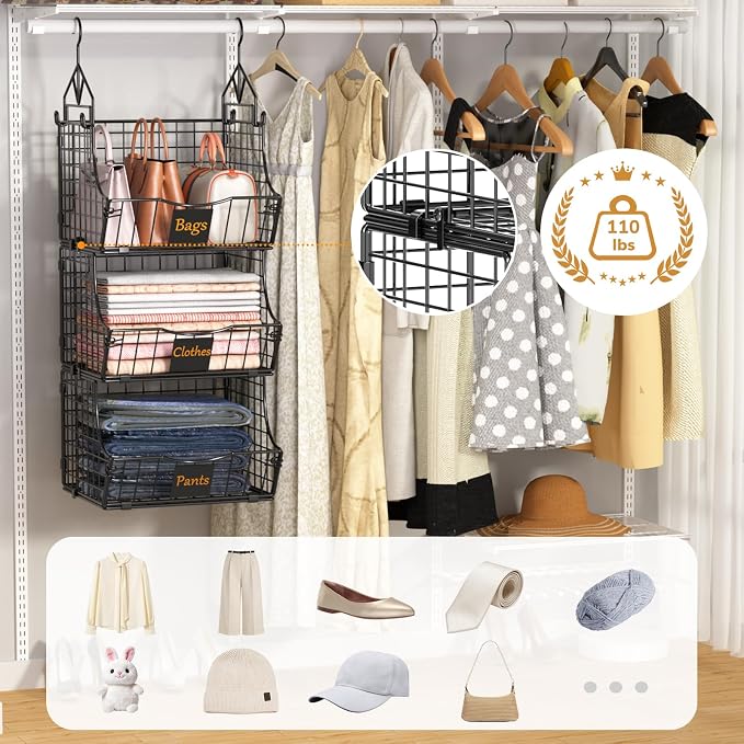 Hanging Closet Organizers and Storage, 6 Tier Closet Shelf Clothes Organizer with 2 S-Hooks, Multi-Functional Iron Wire Baskets, for Clothing, Sweaters, Handbags, Hat, Canned