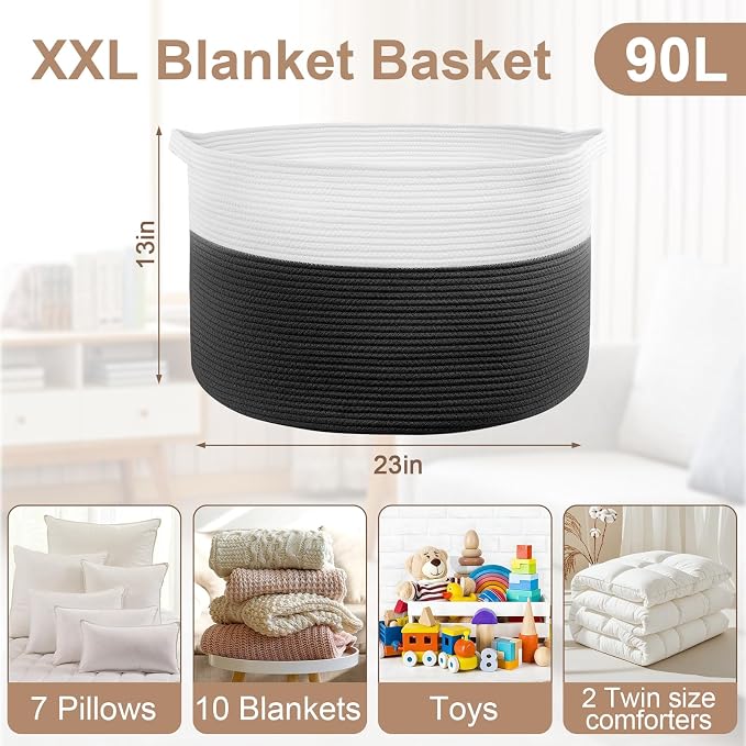 XXL Large Laundry Basket, 90L Soft Cotton Rope Basket, Blanket Storage and Organizers, Baby Nursery Laundry Hamper, Extra Large Toys Storage Bins for Kids 23'' x 13'', White & Black