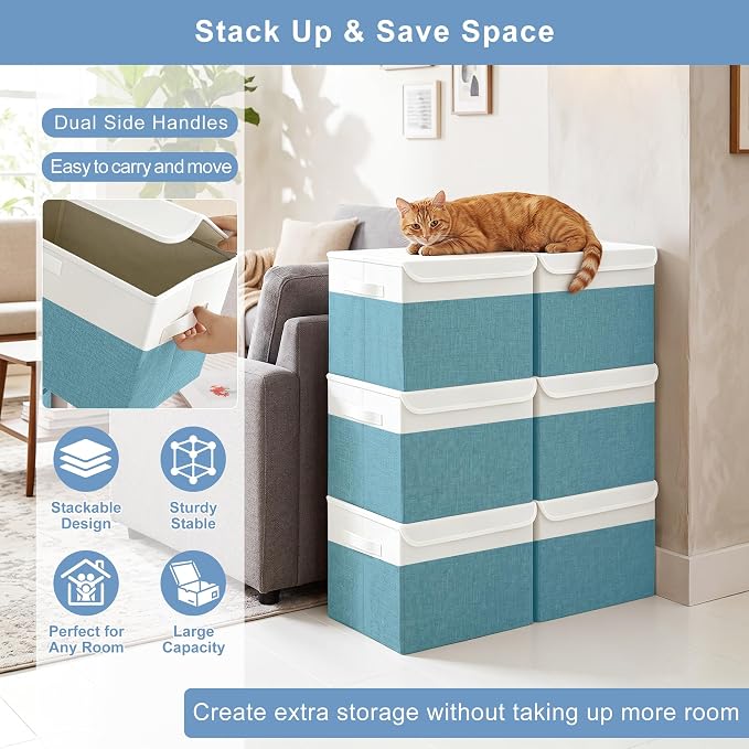 Large 17" 42 Quarts Collapsible Stackable Storage Bins with Lids [3-Pack] Foldable Fabric Linen Storage Boxes Cube, Closet Organizer Baskets with Label for Home (16.7 x 12 x 12", Teal & White)