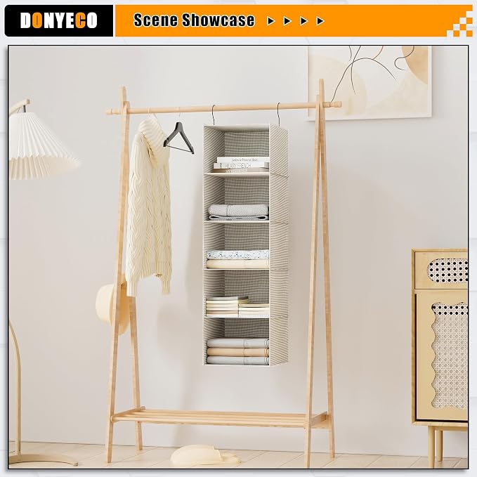 Hanging Closet Organizer 5-Tier, Oxford Wardrobe Storage, Beige Houndstooth | Easy-mount foldable design holds clothes, handbags, shoes & accessories; washable Oxford fabric, sturdy and space-saving.