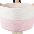 Foldable Laundry Hamper Basket with Collapsible Handle Cotton Rope Soft Woven Fabric Storage Organizer Clothes Toys Nursery Bedroom Dorm Space Saving Bin (White & Pink, 80L(21.7"D x 13.8"H))