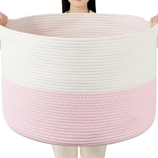 Foldable Laundry Hamper Basket with Collapsible Handle Cotton Rope Soft Woven Fabric Storage Organizer Clothes Toys Nursery Bedroom Dorm Space Saving Bin (White & Pink, 80L(21.7"D x 13.8"H))
