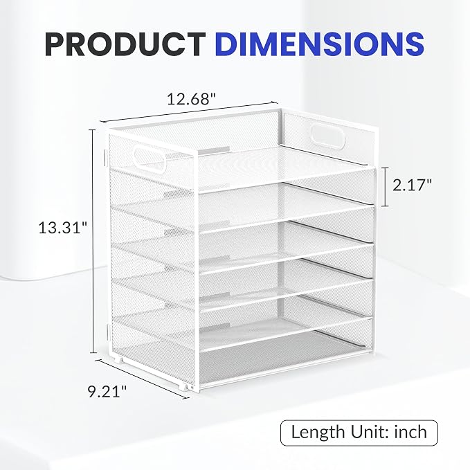 Daltack 6 Tier Paper Organizer for Desk, Paper Letter Tray Organizer for Desks, Mesh Desk File Organizers with Handle for Office, Home, School, White, 2 Pack