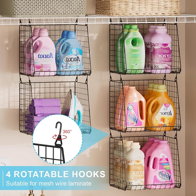 3-Pack Extra-Tall 13.6'' Hanging Laundry Basket Organizer, Foldable Wire Shelf with 360° Rotating Hooks & Reinforced Height - Durable Space-Saving Laundry Room & Closet Organizer, Black Patent