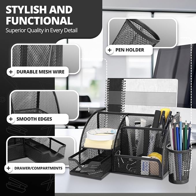 Flexzion Desk Caddy Organizer Set (Black) - Metal Mesh Desktop Caddy with Drawers, 6 Compartments, and Pencil Holder for Women & Men - Desktop Organizer and Storage for Work or Office Supplies | Compact desktop caddy with separate pen holder; 8.7 x 5.5...