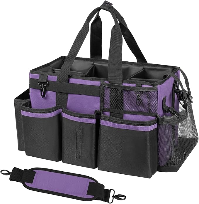 SCAVATA Wearable Cleaning Caddy, Cleaning Caddy Supplies Organizer with Handle & Shoulder Straps for Housekeepers, Under Sink & Car Cleaning Tool Organizers Bag with 4 Foldable Divider (Purple)