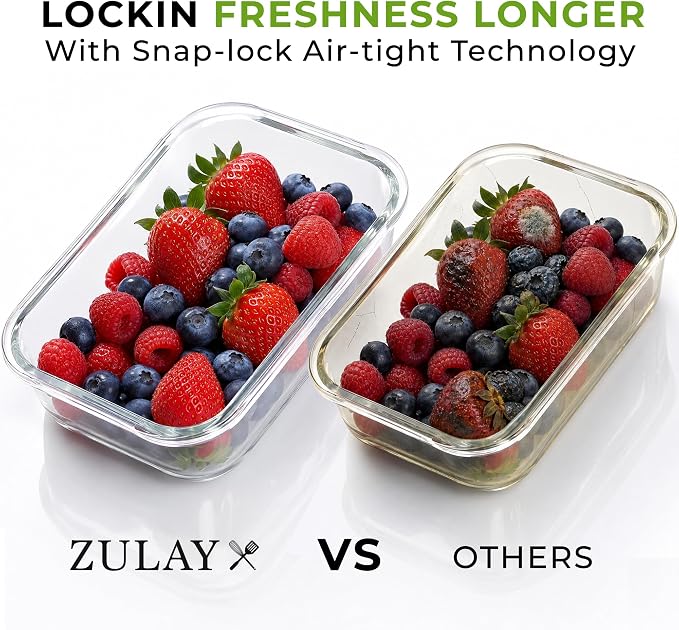 Zulay Kitchen 5 Piece Large 36oz Glass Tupperware Container Set with Lids - Premium BPA Free Borosilicate Glass Food Storage Containers - Leak-Proof Meal Prep - Microwave, Freezer & Oven Safe - Gray