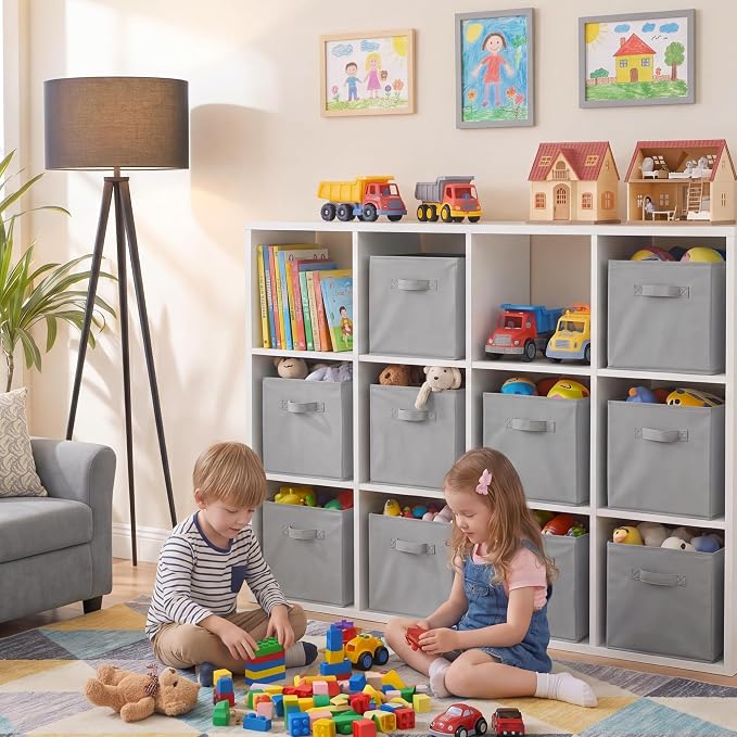 Cupic Cupid 11x11 Storage Cubes, 10 Pack Open Storage Bins with Handles, Storage Cube Organizer for Clothes and Toys, Collapsible Cube Bins for Closet, Shelves, Offices, Gray