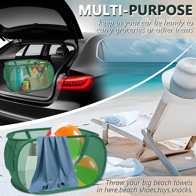 Pop Up Laundry Hamper,Collapsible Horizontal Baskets with Handles & Side Pocket,Foldable Sturdy mesh for Laundry Room,Bathroom,Kids Room,College Dorm Travel (Green)