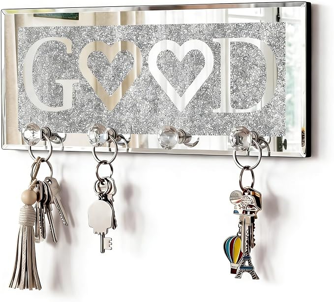 SHYFOY Crystal Clear Hooks Key Holder Key Hanger, Sparkly Mirrored Home Letters Plaque Sign for Decor, Silver Mirror Decoration Wall Art for Entryway Hallway Living Room, Good Letter