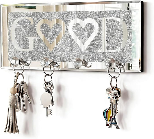 SHYFOY Crystal Clear Hooks Key Holder Key Hanger, Sparkly Mirrored Home Letters Plaque Sign for Decor, Silver Mirror Decoration Wall Art for Entryway Hallway Living Room, Good Letter