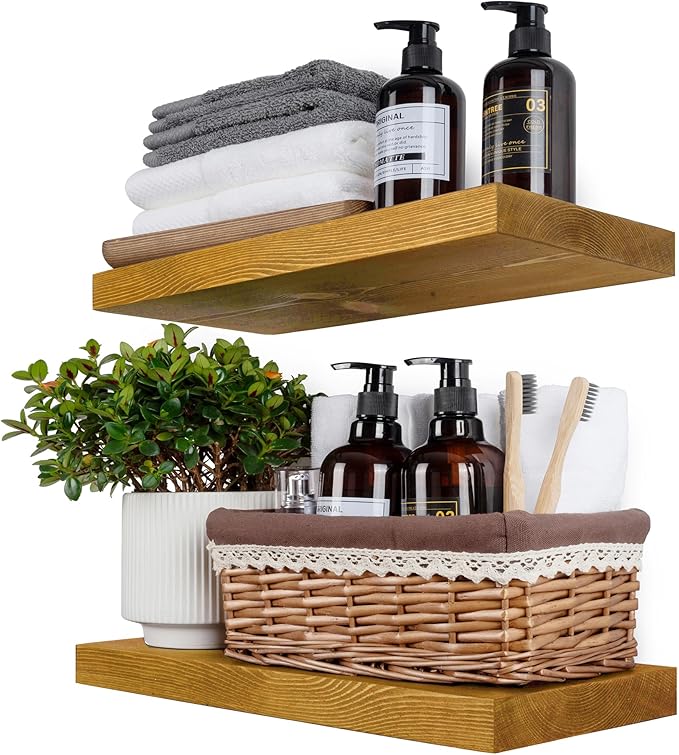 BGMG Wood Floating Shelves for Wall 16 Inch Set of 2, Rustic Wooden Wall Mount Shelves for Living Room Bedroom Kitchen Farmhouse - 16x6.7x1.25 Inch - Gold Oak