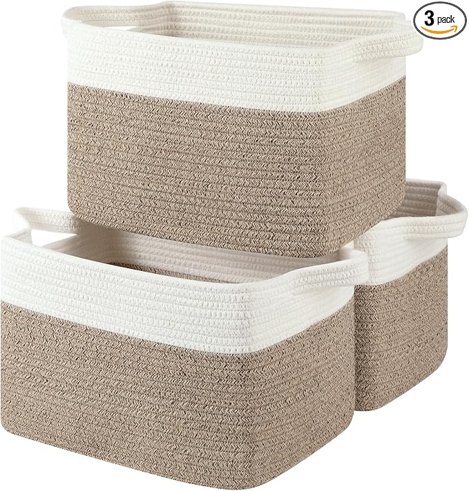OIASKET Storage Baskets for Organizing, Woven Baskets for Shelves, Rectangle Decorative Organizer for Storage Clothes, Toy, Books, Towels Nursery Bins 3 Pack (Brown & White, 13"x9.85"x8.7")
