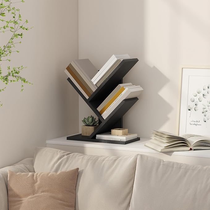 Tajsoon Tree Bookshelf 3 Tier Book Shelves Storage Organizer, Desktop Bookshelf Floor Standing Bookcase Display for CDs/Magazine/Books, Small Bookshelf for Bedroom, Living Room&Office, Black