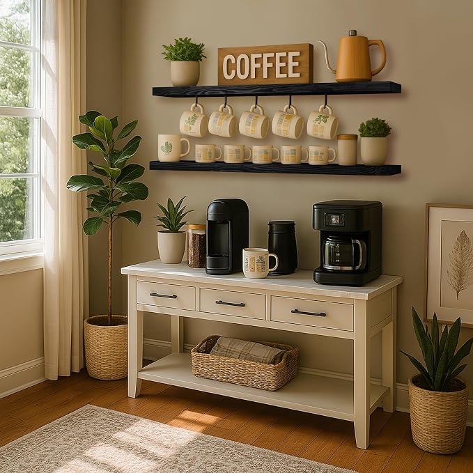 BGMG Wood Floating Shelves for Wall 60 inch Set of 2,Black Floating Shelves,Solid Wood Wall Mount Shelves for Living Room Bedroom Kitchen Farmhouse -60x6.7x1.75 inch