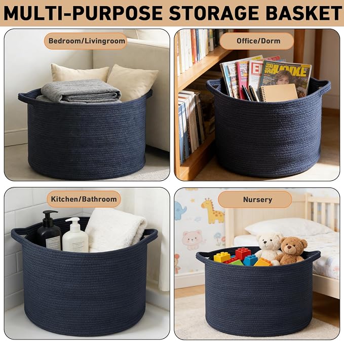 65L Large Blanket Basket,Woven Rope Laundry Basket Hamper with Handles,Decorative Nursery Basket Storage Bin for Toys, Pillows , Clothes Organizer, Living Room, Bedroom, Bathroom, Dark Blue