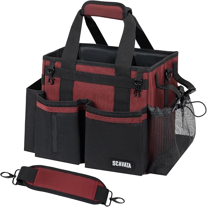 SCAVATA Compact Wearable Cleaning Caddy, Small Cleaning Caddy Supplies Organizer with Handle & Shoulder Straps for Housekeepers, Under Sink & Car Cleaning Tool Organizers Bag (AncoraRed)