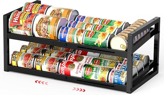 2-Tier Can Organizer for Pantry, Expandable Length Can Rack for Kitchen Shelf Organizer and Storage, Sturdy Metal Standing Can Holder for Canned Soup Soda Food Goods Storage, Stackable