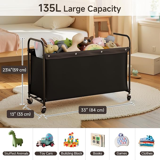 StorageWorks Toy Box with Wheels for Kids, 135L Large Toy Storage Chest and Organizer, 23" Metal Toybox with 360° Swivel Wheels for Bedroom, Kids Room, Stuffed Animal Storage, Black