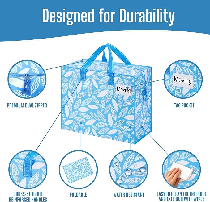 VENO 4 Pack Heavy Duty Moving Bags, Storage Bags, Packing Supplies, Top Zipper, Storage Totes for Camping, Clothes, Bedding, Comforters, Pillows (13 Gallon,Spring Breeze, 4 Pack)
