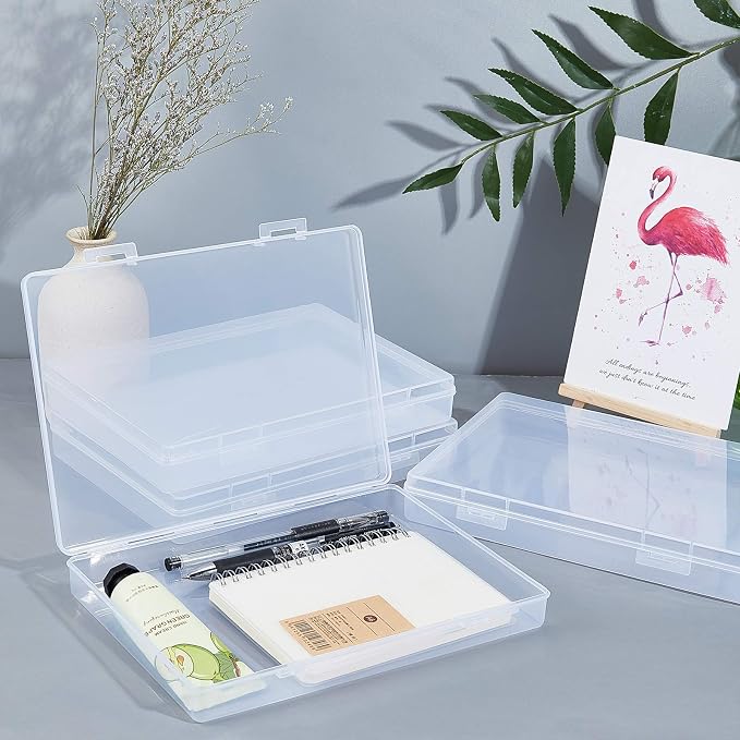 BENECREAT 4 Pack 8.8x6.5x1.2 Large Rectangle Clear Plastic Storage Containers Large Box Case with Double Buckles for Cards, Pens, Beads and Jewelry Findings