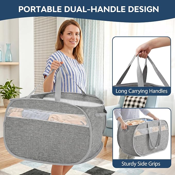 100L Collapsible Laundry Baskets, Foldable Dual Handles Laundry Hamper Grey | Lightweight, Easy to Carry, Up and Downstairs, Tear-Proof, Space-saving, for Laundry Room, Bedroom, Bathroom, Travel, Dorm
