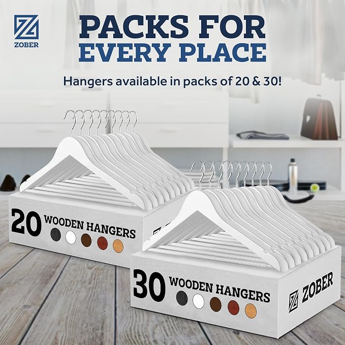 ZOBER White Wooden Hangers - Heavy Duty, Non Slip Wood Hangers for Coats, Jackets, Suits, & Pants - Coat Hangers for Closet W/Bar and Notches 20 Pack (White, 20 Pack)