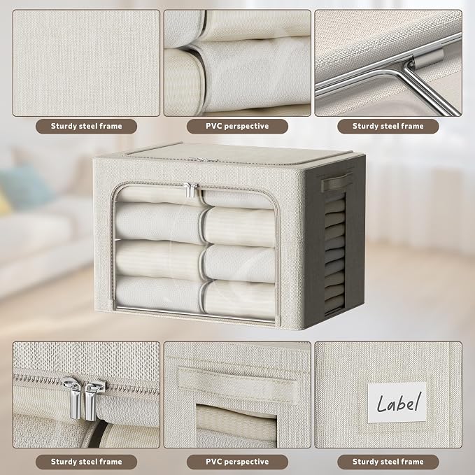 FHSQX 2 Pack Clothes Storage Bins with Metal Frame Beige, 15.7x11.8x9.8 Inch