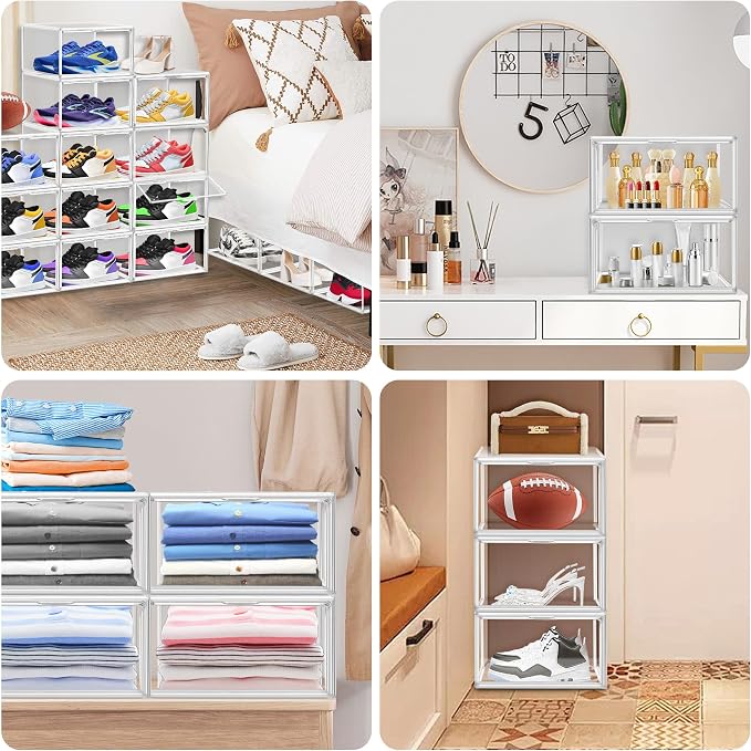 8 Pack Clear Shoe Boxes Shoe Organizer for Closet Size 12 Transparent Sneaker Display Case Stackable Storage Cubbies Grow Box with Magnetic Lid