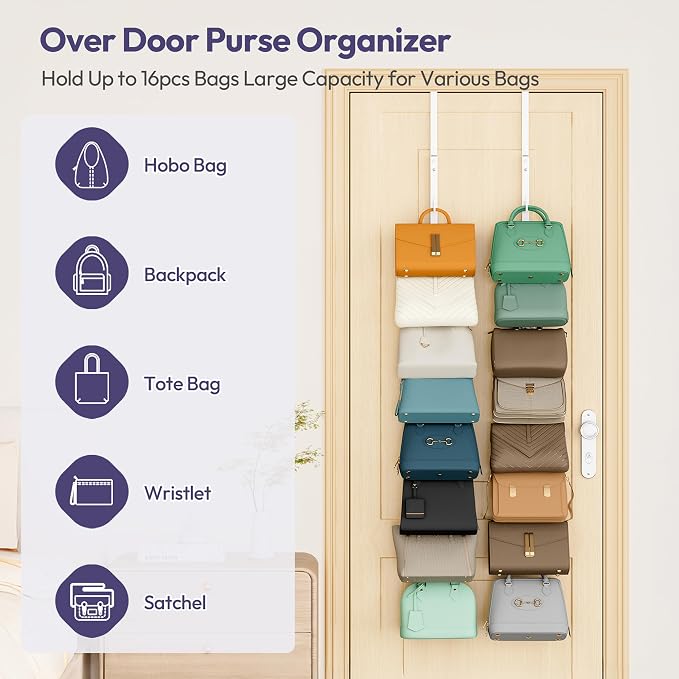 SWTYMIKI Over the Door Purse Organizer - 2 Packs Wall Mounted Purse Rack with 8 Hooks Design, Hanging Handbag Organizer Storage Holds up to 16 Bags, Bag Rack for Closet, Door (White)