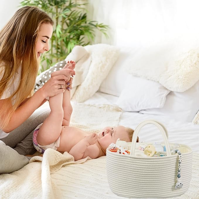 Large Baby Diaper Caddy Organizer for Girl Boy Rope Nursery Storage Bin Basket Portable Holder Tote Bag for Changing Table Car Travel Baby Shower Gifts Newborn Essentials Registry Must Haves White