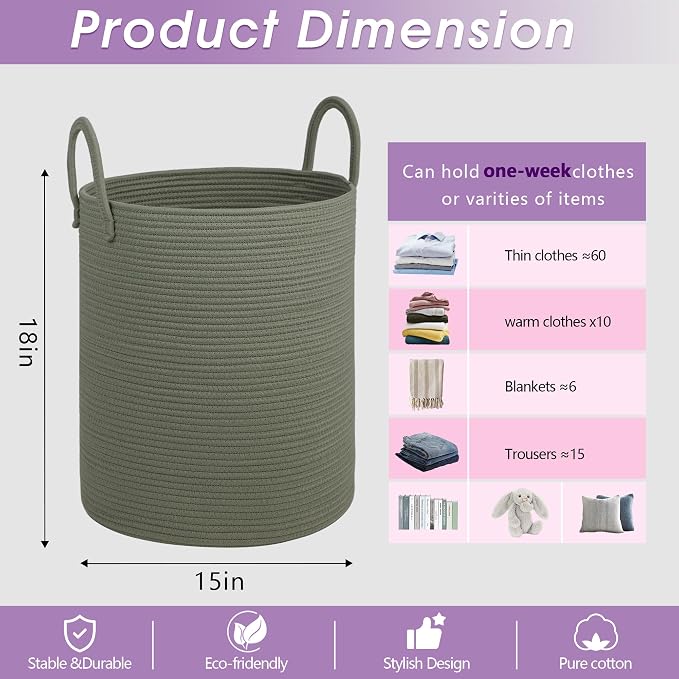 Large Laundry Basket,Laundry Hamper,15''x18'' Cotton Rope Storage Basket with Handles,baby hamper,Nursery Blanket Storage Living Room,toy basket,kids laundry(Green)