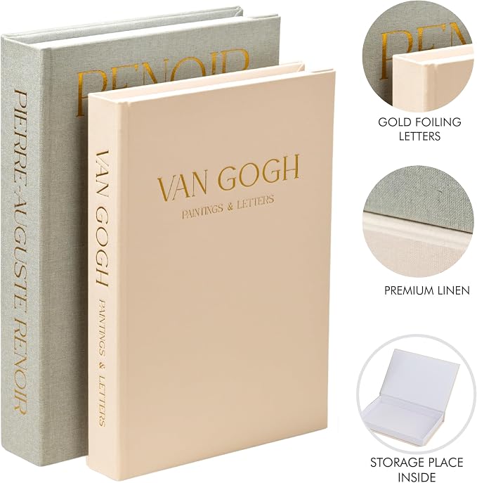 Decorative Books Set of 2 with Hidden Storage – Premium Linen Coffee Table Books, Van Gogh & Renoir Art Decor | Faux Decorative Book Storage Box for Living Room, Entryway & Home Decor